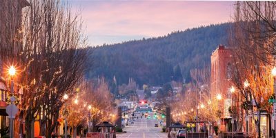 Downtown Anacortes Washington with street lights lit up